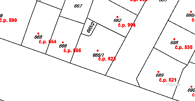 Vršovice 623, Praha na parcele st. 665/1 v KÚ Vršovice, Katastrální mapa