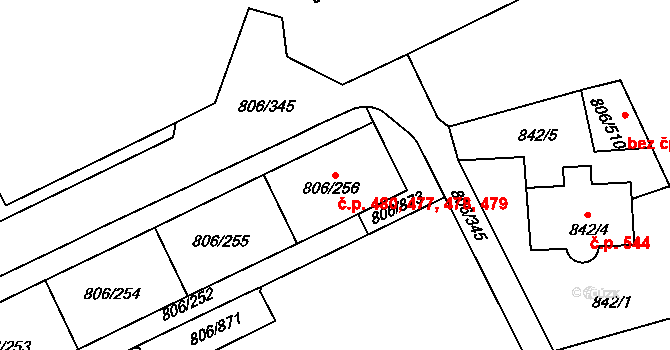 Malešice 477,478,479,480, Praha na parcele st. 806/256 v KÚ Malešice, Katastrální mapa