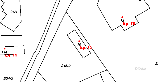 Druzcov 80, Osečná na parcele st. 19 v KÚ Druzcov, Katastrální mapa