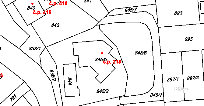 Fulnek 218 na parcele st. 845/5 v KÚ Fulnek, Katastrální mapa