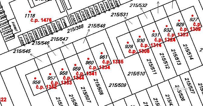 Rudná 1335 na parcele st. 961 v KÚ Hořelice, Katastrální mapa
