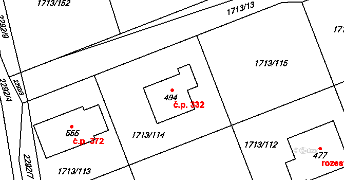 Tymákov 332 na parcele st. 494 v KÚ Tymákov, Katastrální mapa