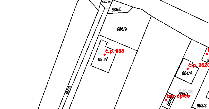 České Budějovice 3 885, České Budějovice na parcele st. 686/7 v KÚ České Budějovice 3, Katastrální mapa