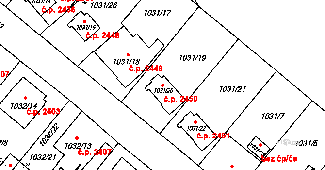 Předměstí 2450, Opava na parcele st. 1031/20 v KÚ Opava-Předměstí, Katastrální mapa