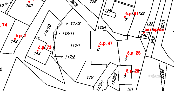 Perálec 47 na parcele st. 6 v KÚ Perálec, Katastrální mapa