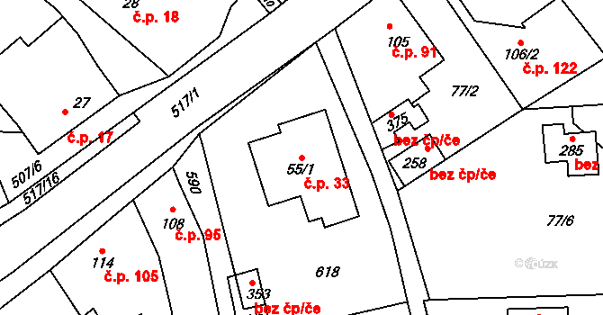 Cvrčovice 33 na parcele st. 55/1 v KÚ Cvrčovice, Katastrální mapa