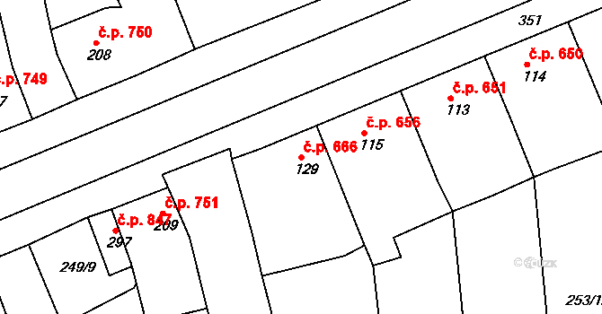 Rudná 666 na parcele st. 129 v KÚ Hořelice, Katastrální mapa