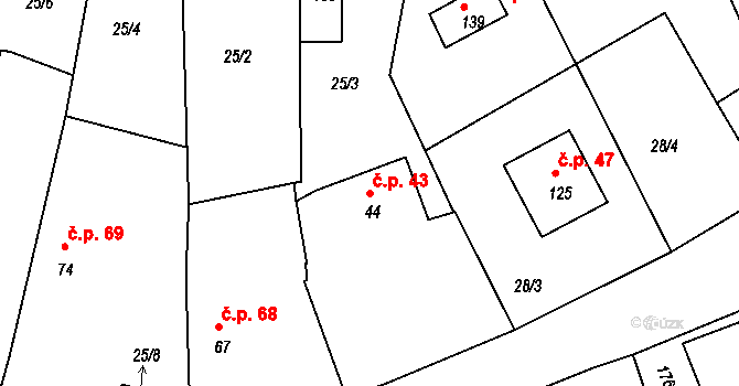 Borkovice 43 na parcele st. 44 v KÚ Borkovice, Katastrální mapa