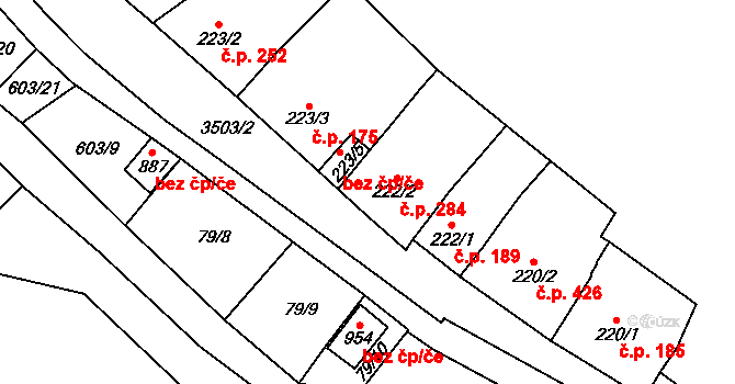 Lysice 284 na parcele st. 222/2 v KÚ Lysice, Katastrální mapa