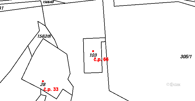 Lžín 66, Dírná na parcele st. 103 v KÚ Lžín, Katastrální mapa