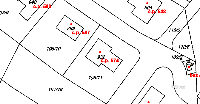 Strančice 574 na parcele st. 932 v KÚ Strančice, Katastrální mapa