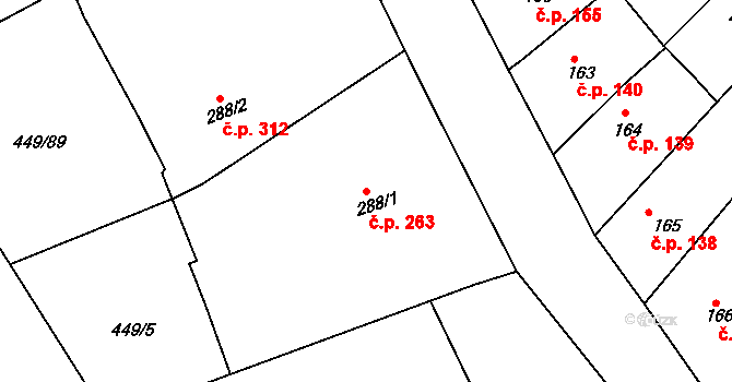 Merklín 263 na parcele st. 288/1 v KÚ Merklín u Přeštic, Katastrální mapa
