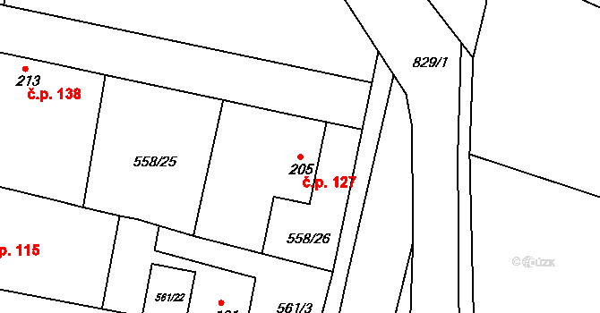 Telce 127, Peruc na parcele st. 205 v KÚ Telce, Katastrální mapa