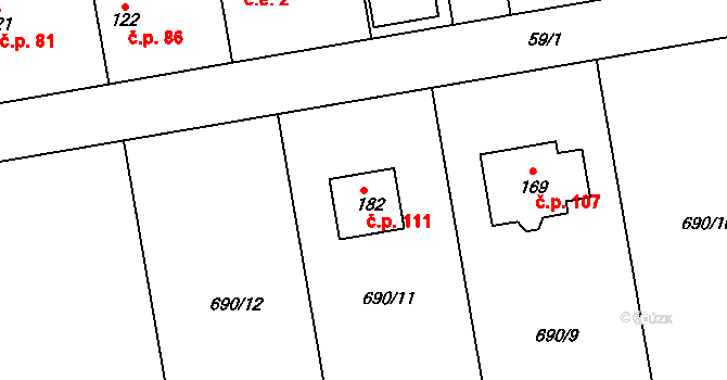 Rejšice 111, Smilovice na parcele st. 182 v KÚ Rejšice, Katastrální mapa