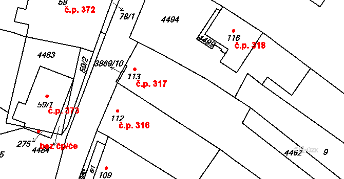 Míšovice 317, Hostěradice na parcele st. 113 v KÚ Míšovice, Katastrální mapa