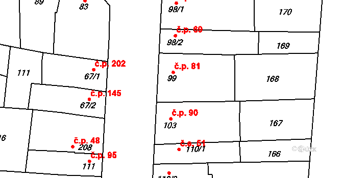 Přerov III-Lověšice 81, Přerov na parcele st. 99 v KÚ Lověšice u Přerova, Katastrální mapa