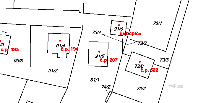 Hrdějovice 207 na parcele st. 91/5 v KÚ Hrdějovice, Katastrální mapa