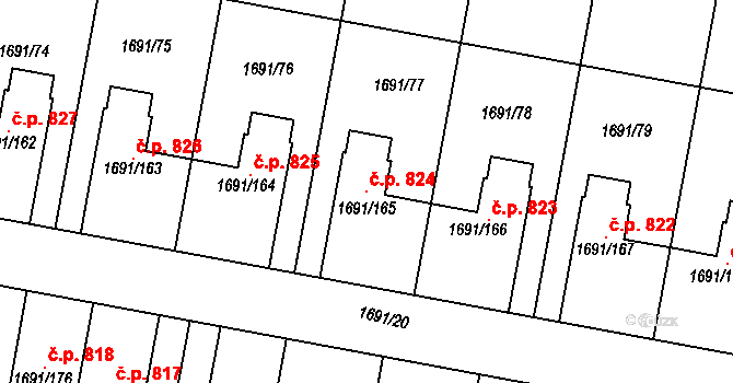 Sokolnice 824 na parcele st. 1691/165 v KÚ Sokolnice, Katastrální mapa