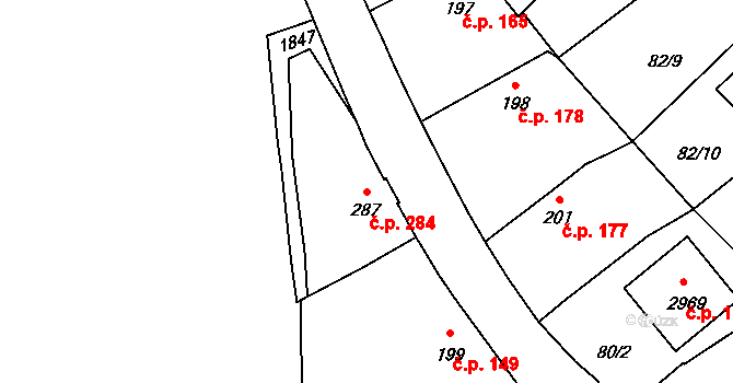 Říčany 284 na parcele st. 287 v KÚ Říčany u Prahy, Katastrální mapa