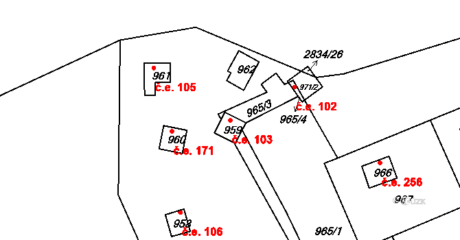 Mníšek pod Brdy 103 na parcele st. 959 v KÚ Mníšek pod Brdy, Katastrální mapa