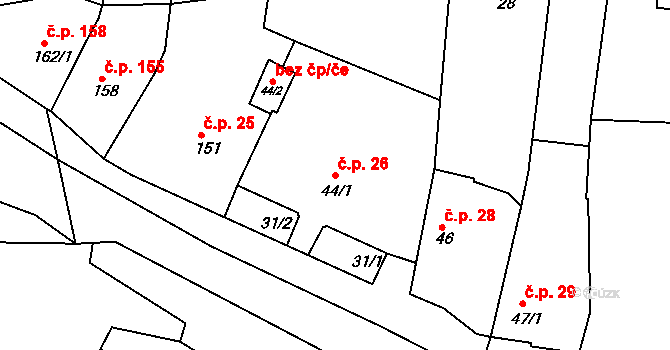 Písečné 26 na parcele st. 44/1 v KÚ Písečné u Slavonic, Katastrální mapa