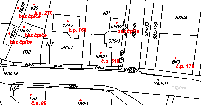 Osek 510 na parcele st. 596/1 v KÚ Osek u Duchcova, Katastrální mapa