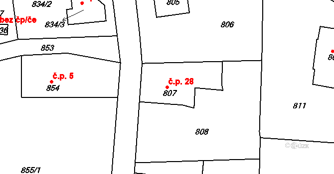 Neřežín 28, Chaloupky na parcele st. 807 v KÚ Chaloupky, Katastrální mapa