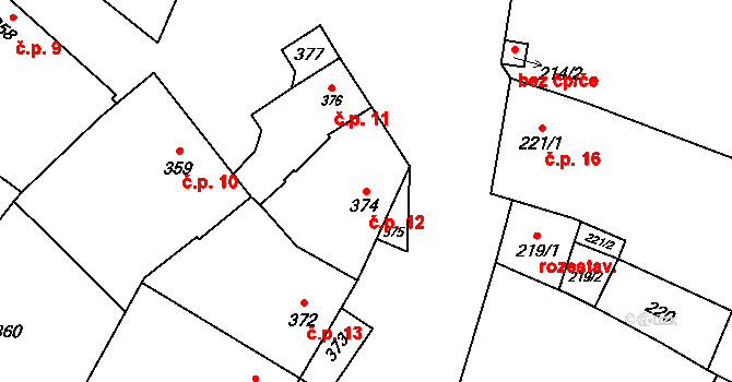 Křelov 12, Křelov-Břuchotín na parcele st. 374 v KÚ Křelov, Katastrální mapa