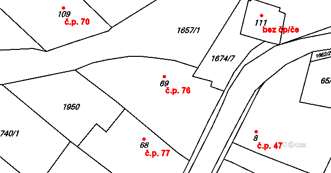 Hlavatce 76 na parcele st. 69 v KÚ Hlavatce, Katastrální mapa