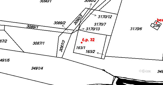 Třitim 32, Žimutice na parcele st. 163/1 v KÚ Třitim, Katastrální mapa