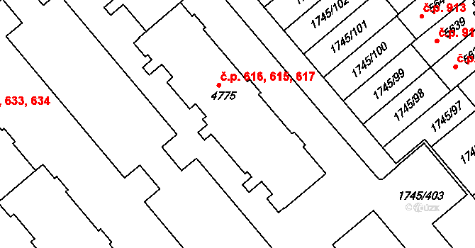 Nové Dvory 615,616,617, Třebíč na parcele st. 4775 v KÚ Třebíč, Katastrální mapa