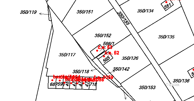 Černčice 53 na parcele st. 566/1 v KÚ Černčice u Loun, Katastrální mapa