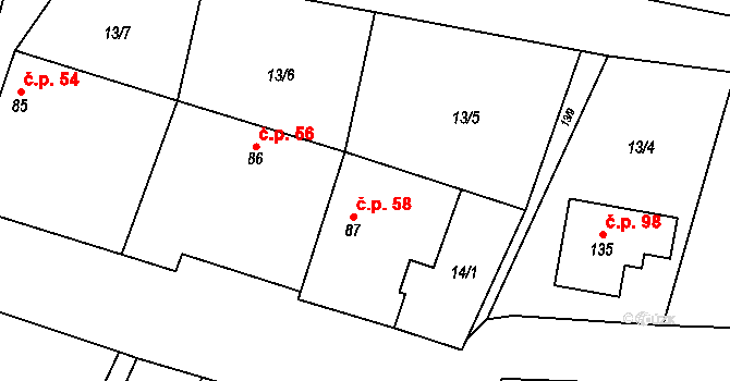 Světlá 58 na parcele st. 87 v KÚ Světlá u Šebetova, Katastrální mapa