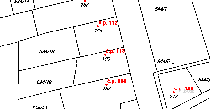 Struhy 113, Čachovice na parcele st. 186 v KÚ Struhy, Katastrální mapa