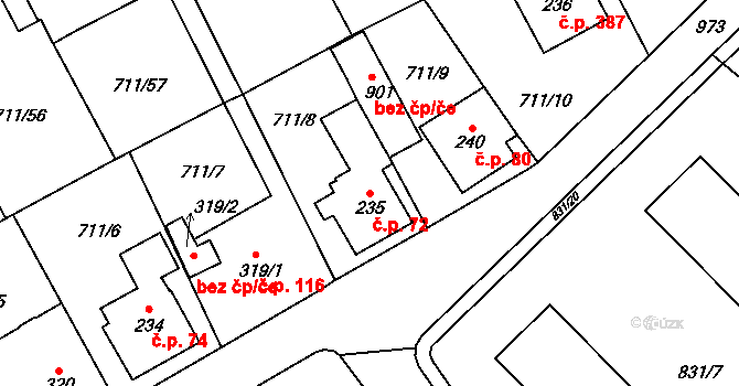 Daliměřice 72, Turnov na parcele st. 235 v KÚ Daliměřice, Katastrální mapa