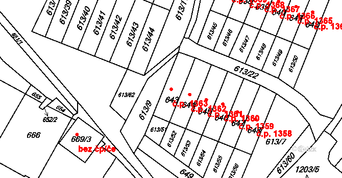 Jirkov 1363 na parcele st. 643 v KÚ Jirkov, Katastrální mapa