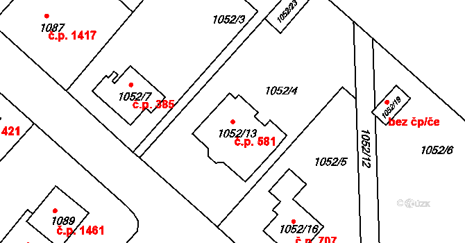 Rumburk 1 581, Rumburk na parcele st. 1052/13 v KÚ Rumburk, Katastrální mapa