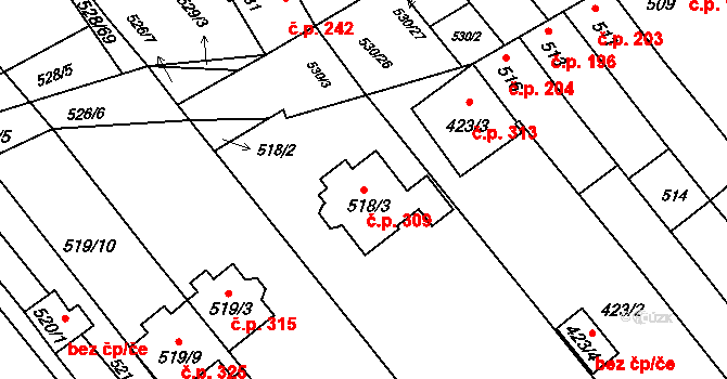 Přísnotice 309 na parcele st. 518/3 v KÚ Přísnotice, Katastrální mapa