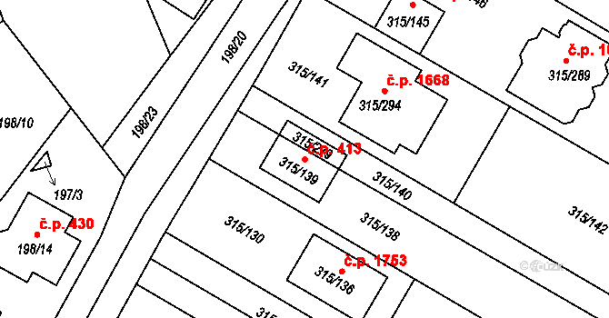 Kunovice 413 na parcele st. 315/139 v KÚ Kunovice u Uherského Hradiště, Katastrální mapa