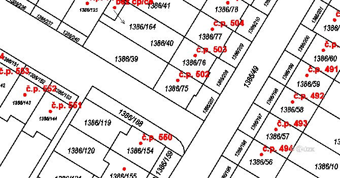 Spytihněv 502 na parcele st. 1386/75 v KÚ Spytihněv, Katastrální mapa