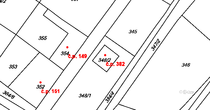 Donín 382, Hrádek nad Nisou na parcele st. 348/2 v KÚ Donín u Hrádku nad Nisou, Katastrální mapa