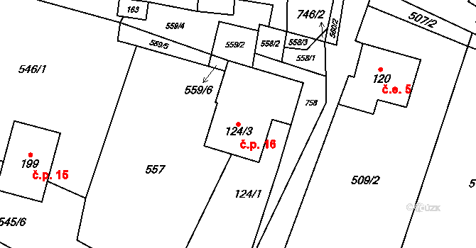 Šanov 16, Červená Voda na parcele st. 124/3 v KÚ Šanov u Červené Vody, Katastrální mapa
