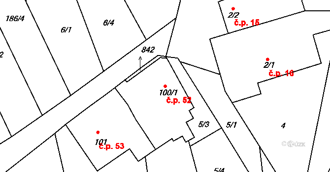 Bor u Chroustovic 52, Rosice na parcele st. 100/1 v KÚ Bor u Chroustovic, Katastrální mapa