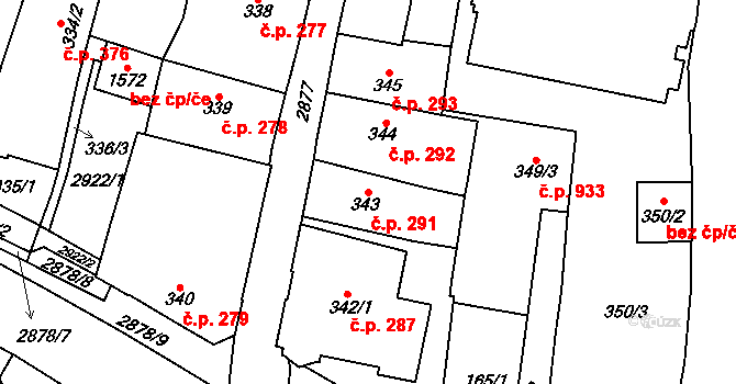 Choceň 291 na parcele st. 343 v KÚ Choceň, Katastrální mapa