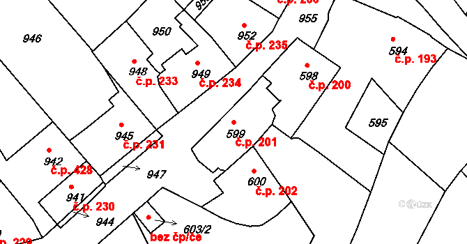 Štramberk 201 na parcele st. 599 v KÚ Štramberk, Katastrální mapa