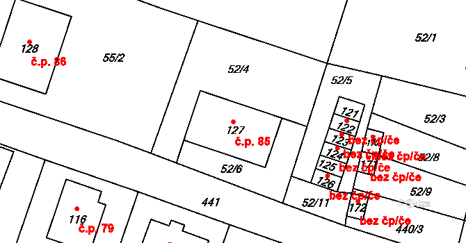 Kámen 85 na parcele st. 127 v KÚ Kámen u Pacova, Katastrální mapa