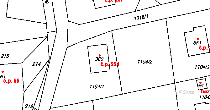 Prostřední Lánov 254, Lánov na parcele st. 380 v KÚ Prostřední Lánov, Katastrální mapa