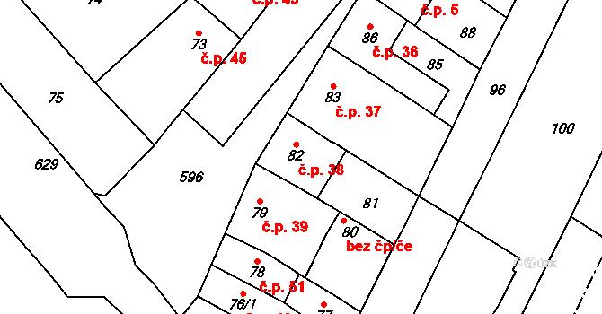 Lutotín 38, Bílovice-Lutotín na parcele st. 82 v KÚ Lutotín, Katastrální mapa