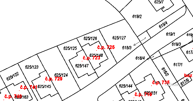 Malešice 725, Praha na parcele st. 625/148 v KÚ Malešice, Katastrální mapa
