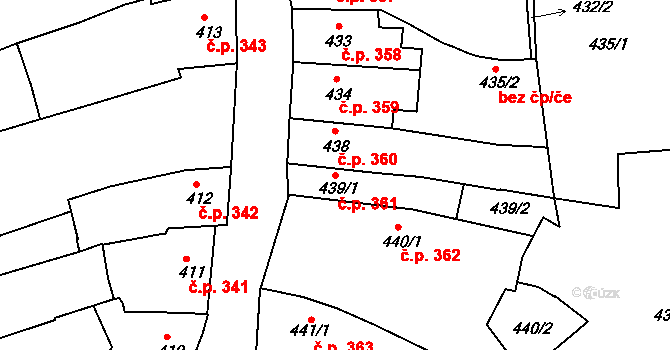 Znojmo 361 na parcele st. 439/1 v KÚ Znojmo-město, Katastrální mapa